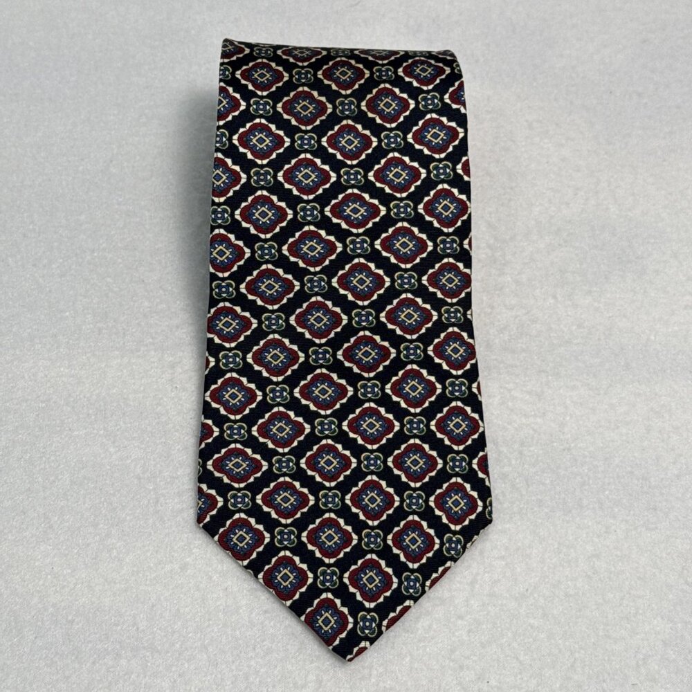Claybrooke Mens Silk Tie Navy Blue Burgundy Gold Geometric Medallion Handmade